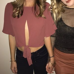 Dark blush open tie front crop top
